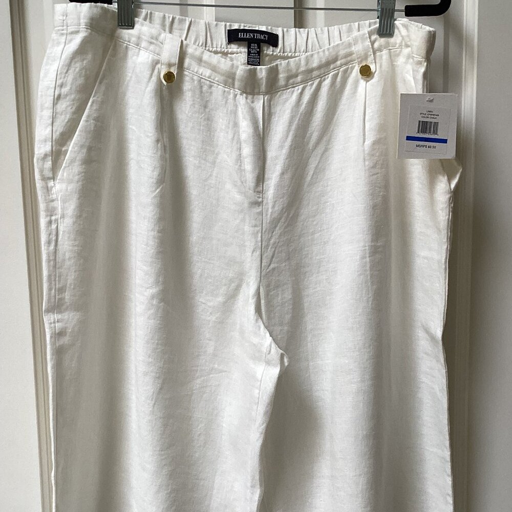 Ellen Tracy Wide Leg Capri Size XL 100% Linen White Pull On NEW,